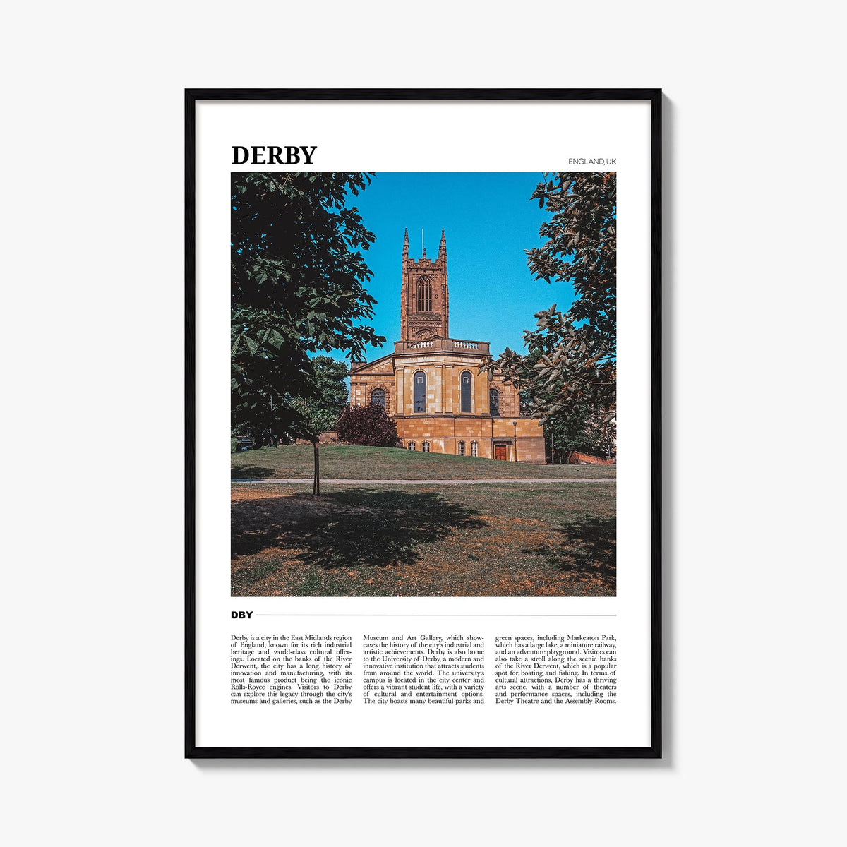 Derby colorful travel poster of United Kingdom – vertical wall art, unframed print shown in interior mockup