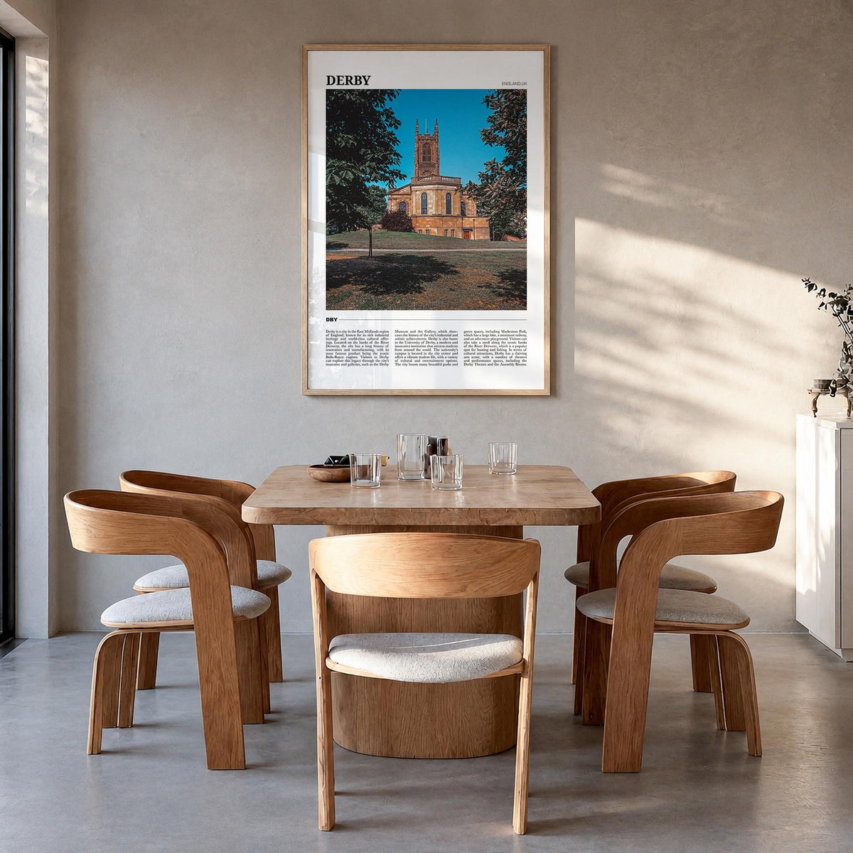 Derby colorful travel poster of United Kingdom – vertical wall art in natural wood frame, hanging on wall
