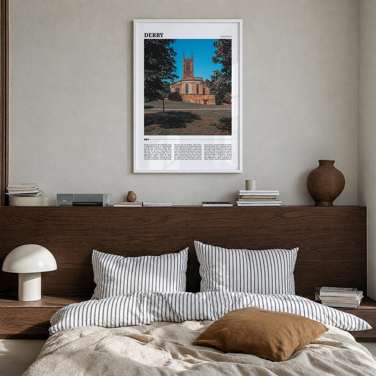 Derby colorful travel poster of United Kingdom – vertical wall art in white wood frame, hanging on wall