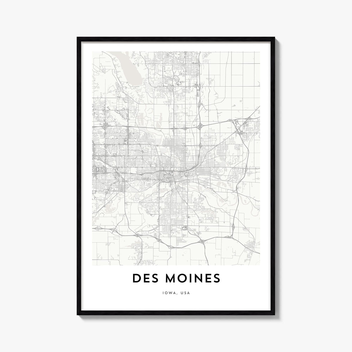 Des Moines black & white map poster of Iowa, USA – vertical wall art, unframed print shown in interior mockup