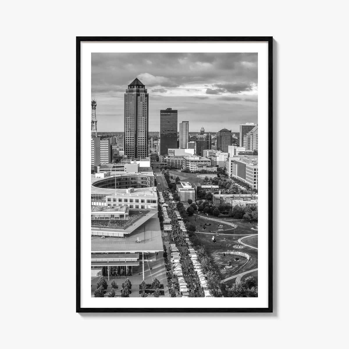 Des Moines black & white photo poster of Iowa, USA – vertical wall art, unframed print shown in interior mockup