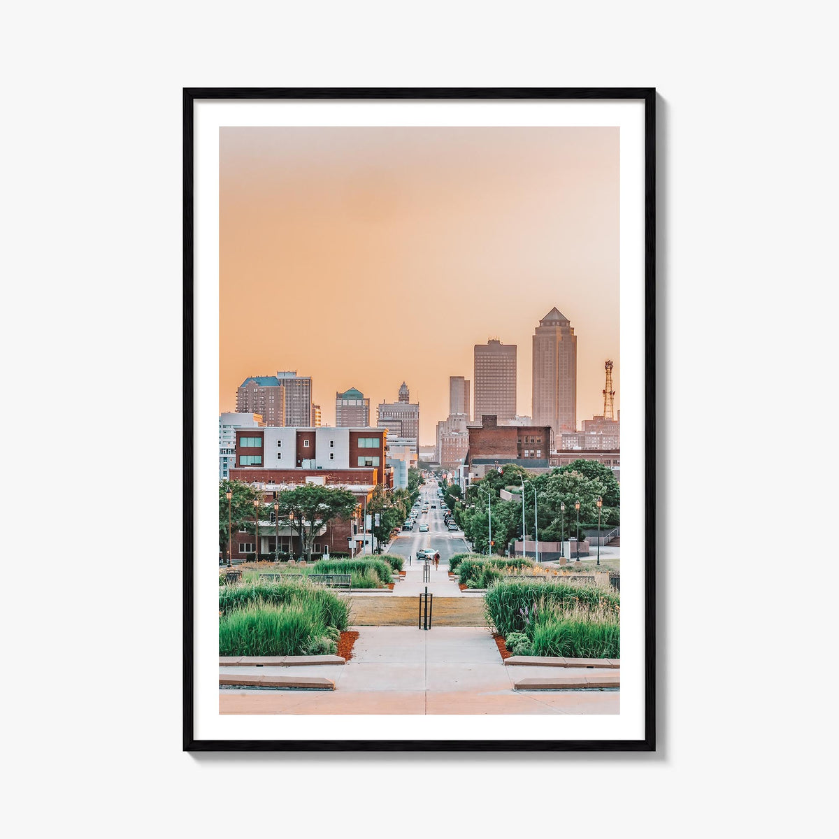 Des Moines colorful photo poster of Iowa, USA – vertical wall art, unframed print shown in interior mockup