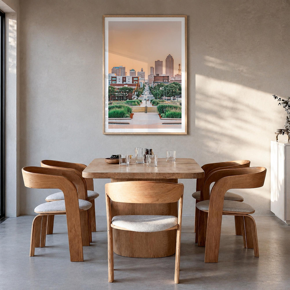 Des Moines colorful photo poster of Iowa, USA – vertical wall art in natural wood frame with white border, hanging on wall