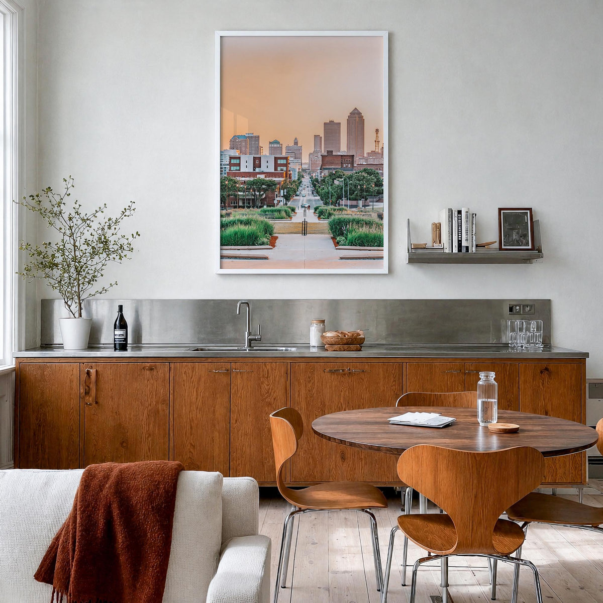 Des Moines colorful photo poster of Iowa, USA – vertical wall art in white wood frame, hanging on wall