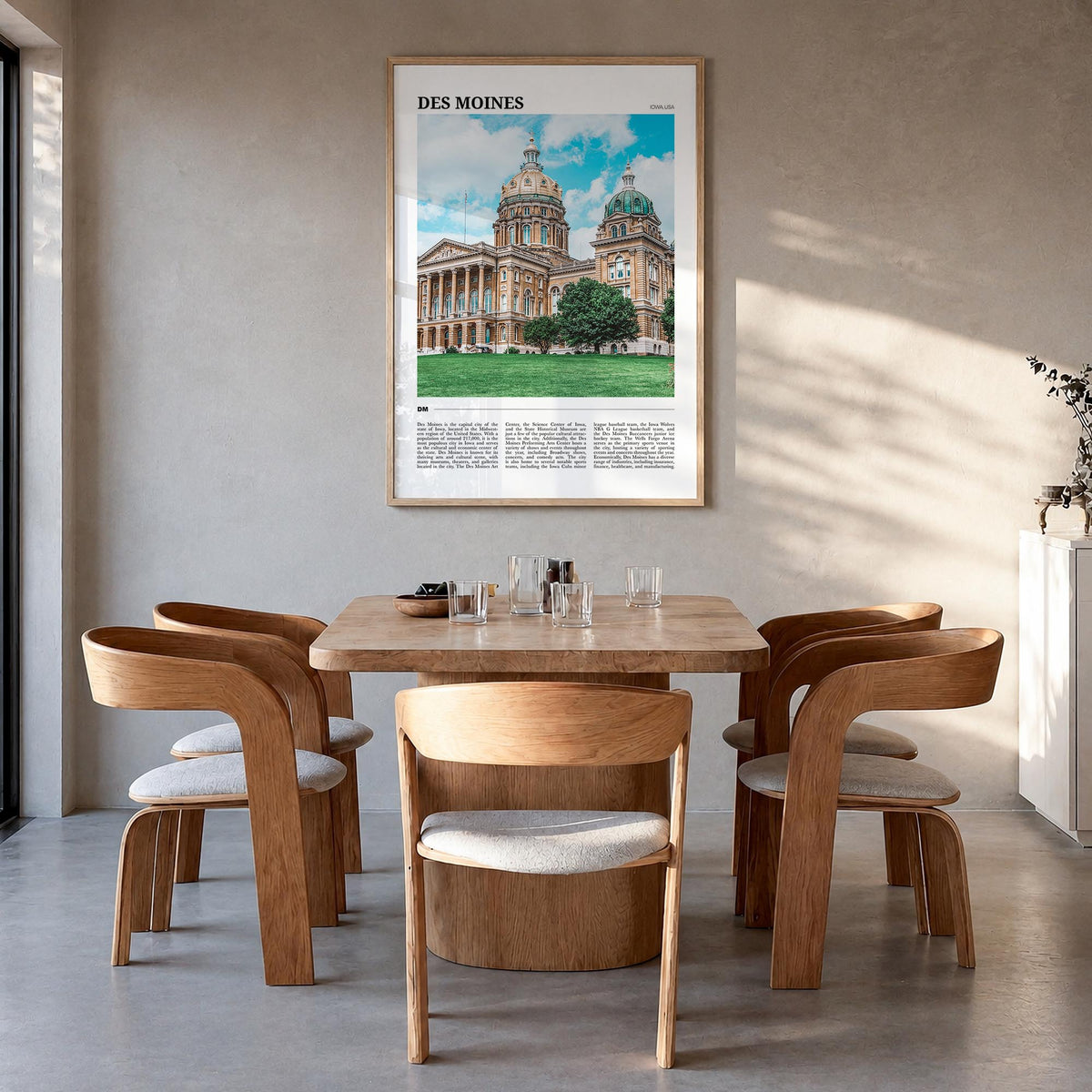 Des Moines no. 1 colorful travel poster of Iowa, USA – vertical wall art in natural wood frame, hanging on wall