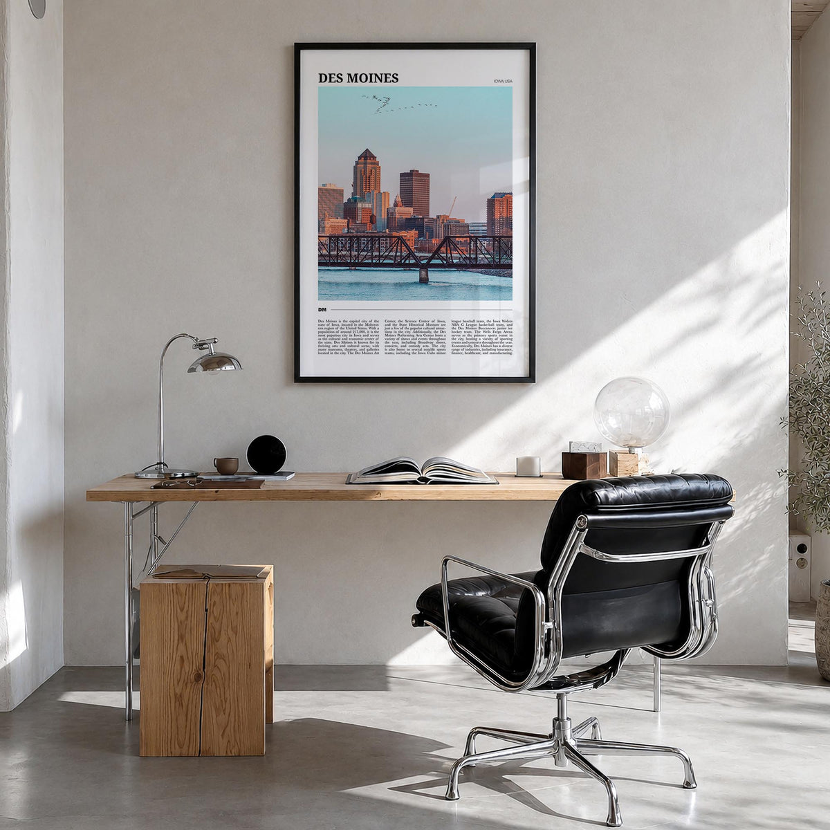 Des Moines no. 2 colorful travel poster of Iowa, USA – vertical wall art in black wood frame, hanging on wall