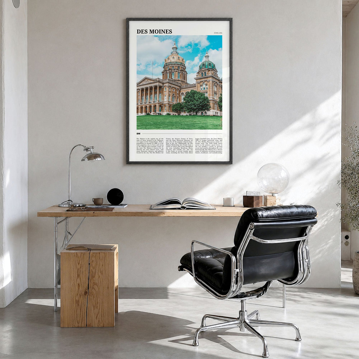 Des Moines Travel No 1 Poster in a black wood frame, hanging in a bright home office