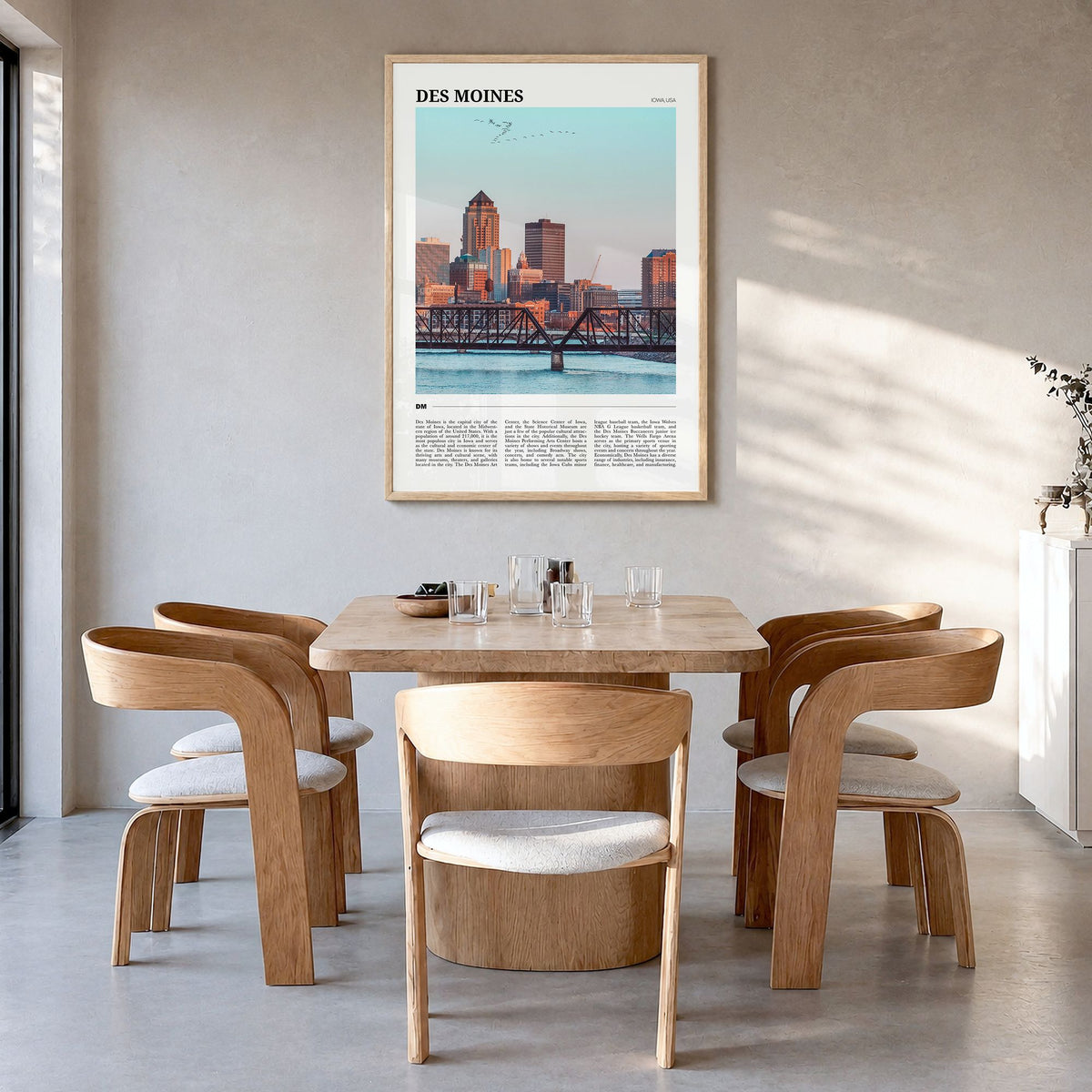 Des Moines Travel No 2 Poster in a natural wood frame, hanging in a dining room