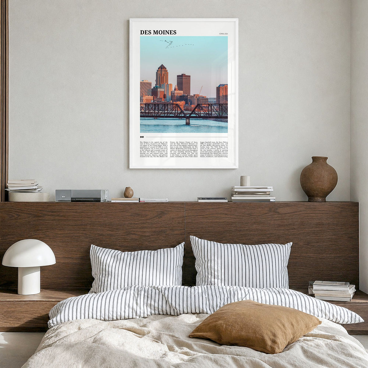 Des Moines Travel No 2 Poster in a white wood frame, hanging in a bedroom