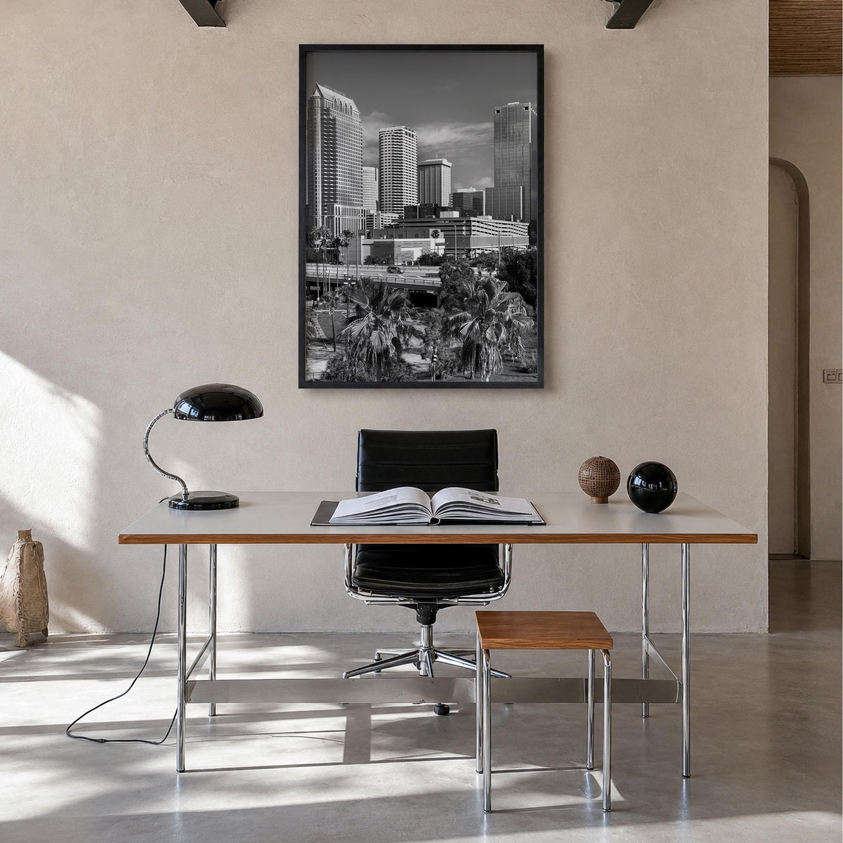 Destin black & white photo poster of Florida, USA – vertical wall art in black wood frame, hanging on wall