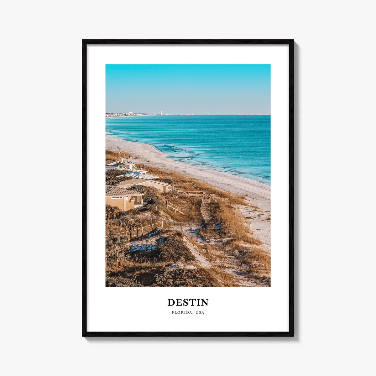 Destin colorful classic poster of Florida, USA – vertical wall art, unframed print shown in interior mockup