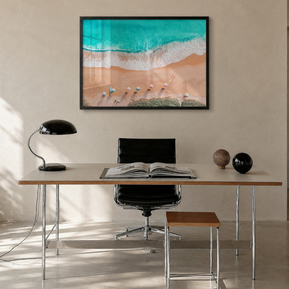 Destin colorful photo poster of Florida, USA – horizontal wall art in black wood frame, hanging on wall