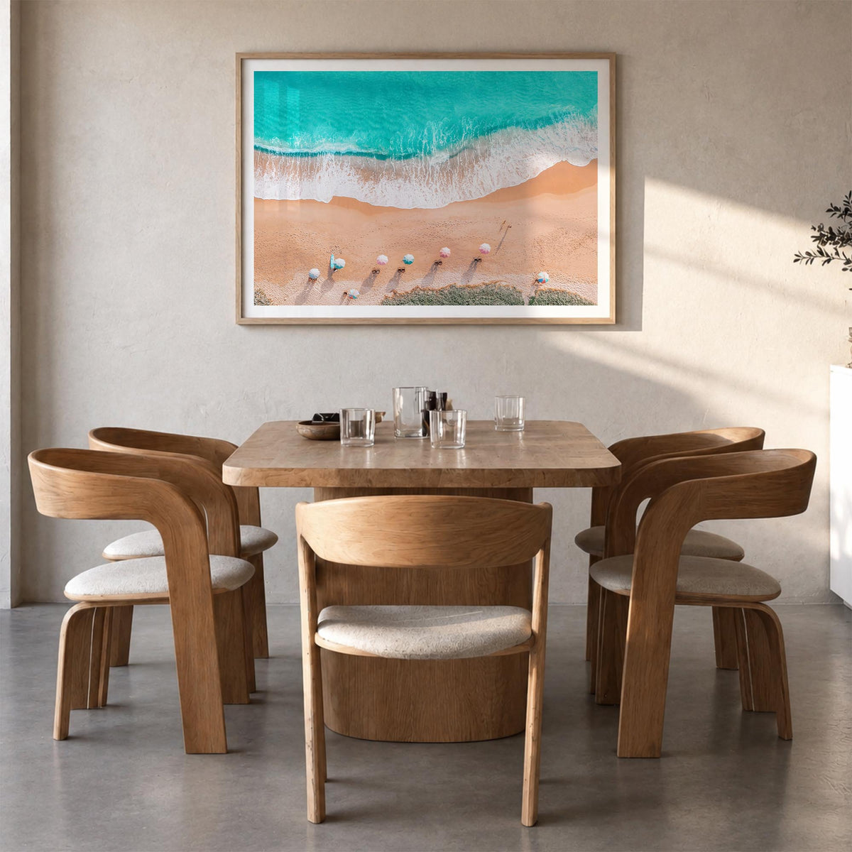 Destin colorful photo poster of Florida, USA – horizontal wall art in natural wood frame with white border, hanging on wall