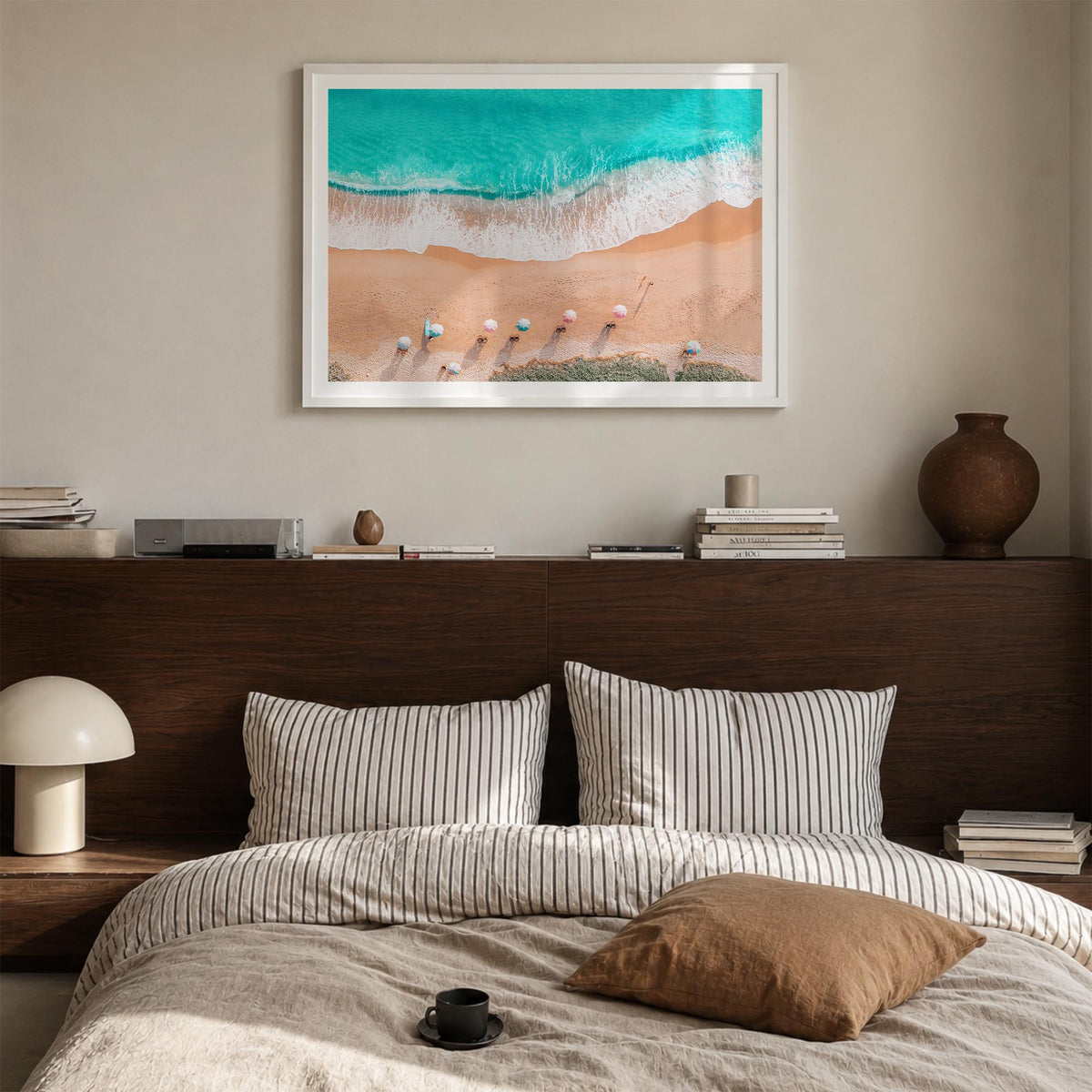Destin colorful photo poster of Florida, USA – horizontal wall art in white wood frame with white border, hanging on wall