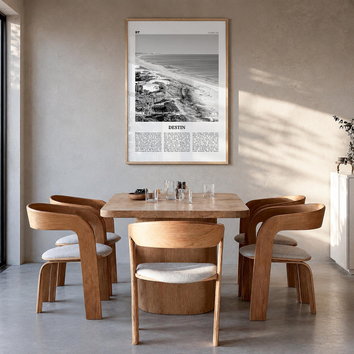 Destin no. 1 black & white newspaper poster of Florida, USA – vertical wall art in natural wood frame, hanging on wall