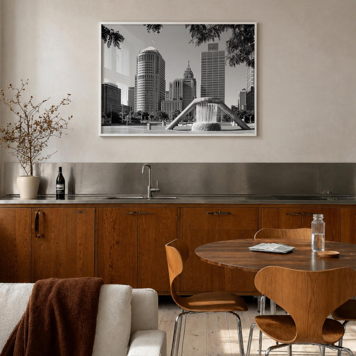 Detroit black & white photo poster of Michigan, USA – horizontal wall art in white wood frame, hanging on wall