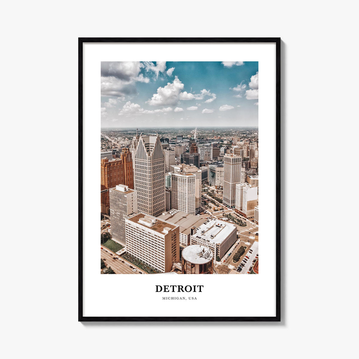Detroit colorful classic poster of Michigan, USA – vertical wall art, unframed print shown in interior mockup