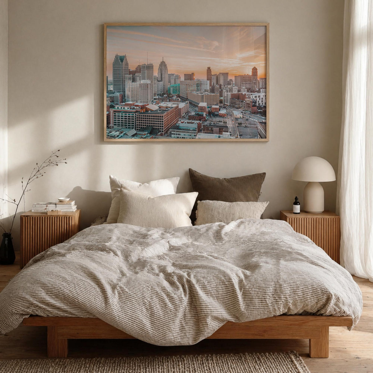 Detroit colorful photo poster of Michigan, USA – horizontal wall art in natural wood frame, hanging on wall