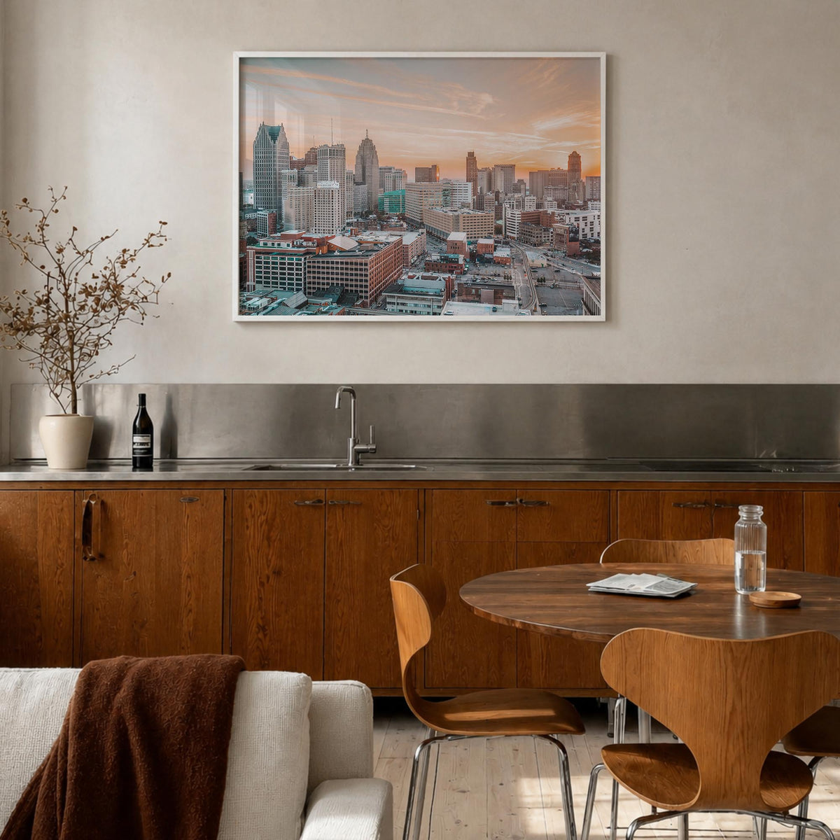 Detroit colorful photo poster of Michigan, USA – horizontal wall art in white wood frame, hanging on wall