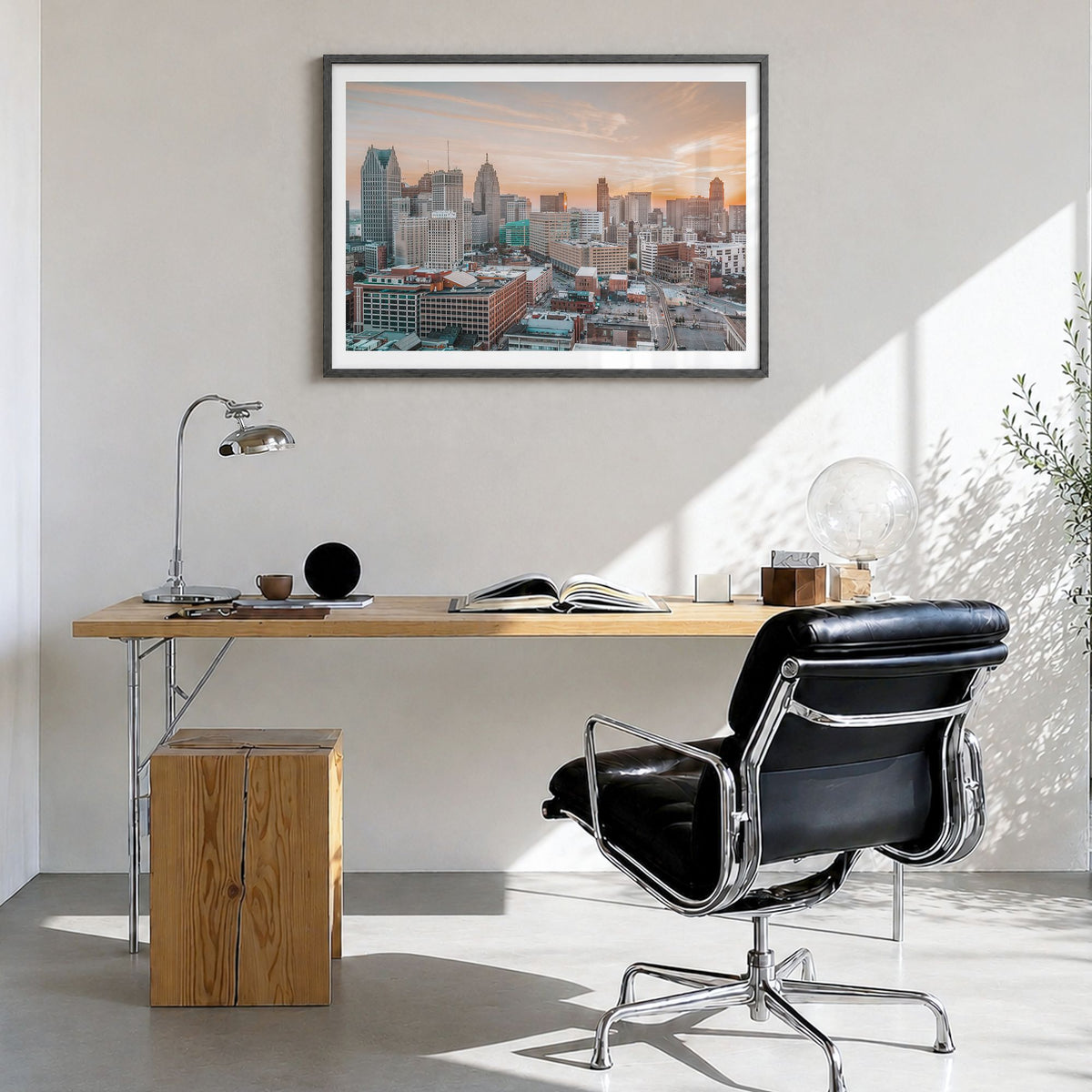 Detroit Photo Poster in a black wood frame, hanging in a bright home office, white border