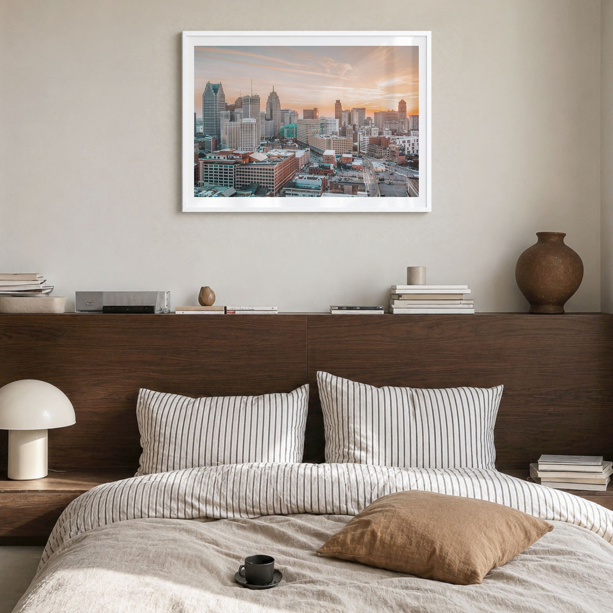 Detroit Photo Poster in a white wood frame, hanging in a bedroom, white border