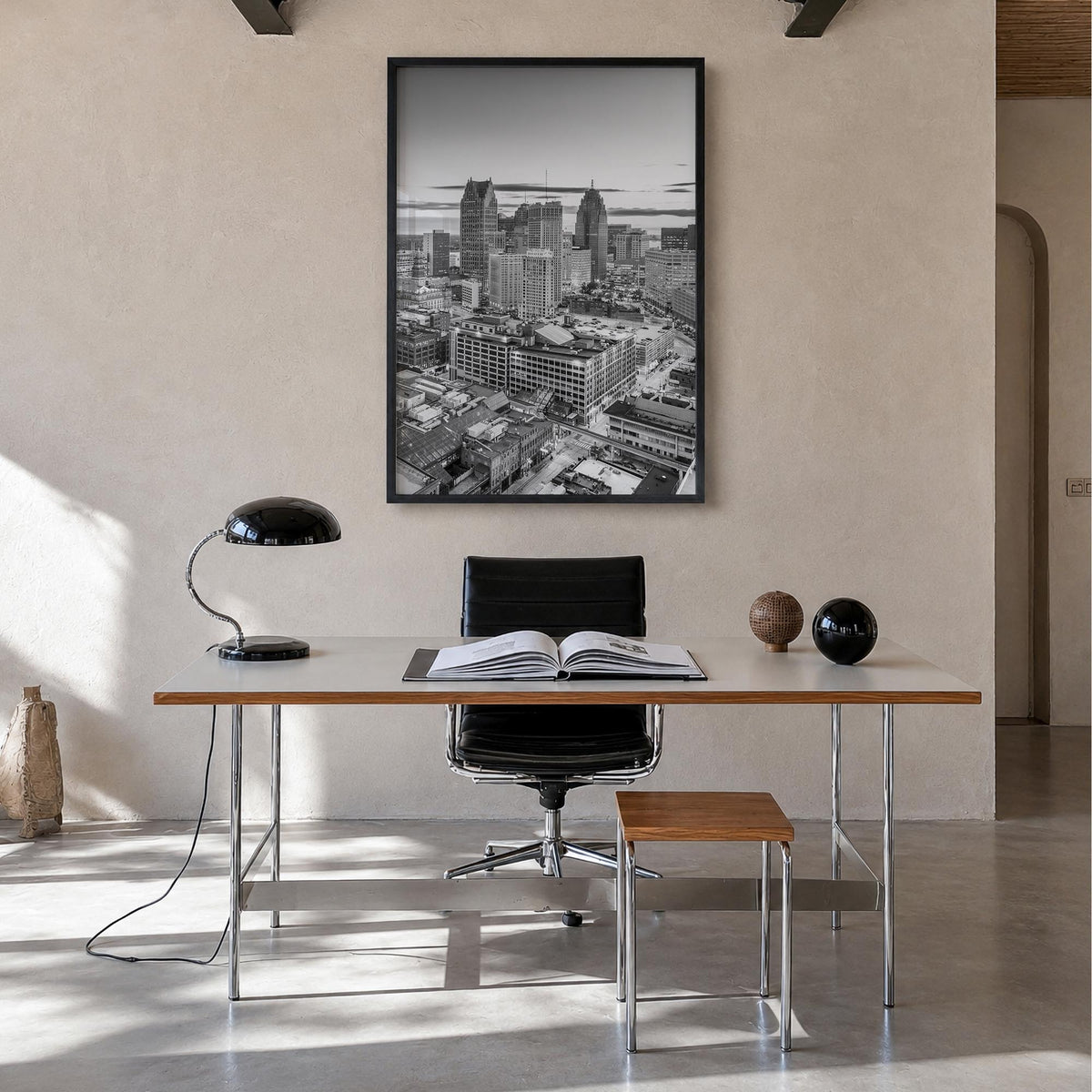 Detroit no. 1 black & white photo poster of Michigan, USA – vertical wall art in black wood frame, hanging on wall