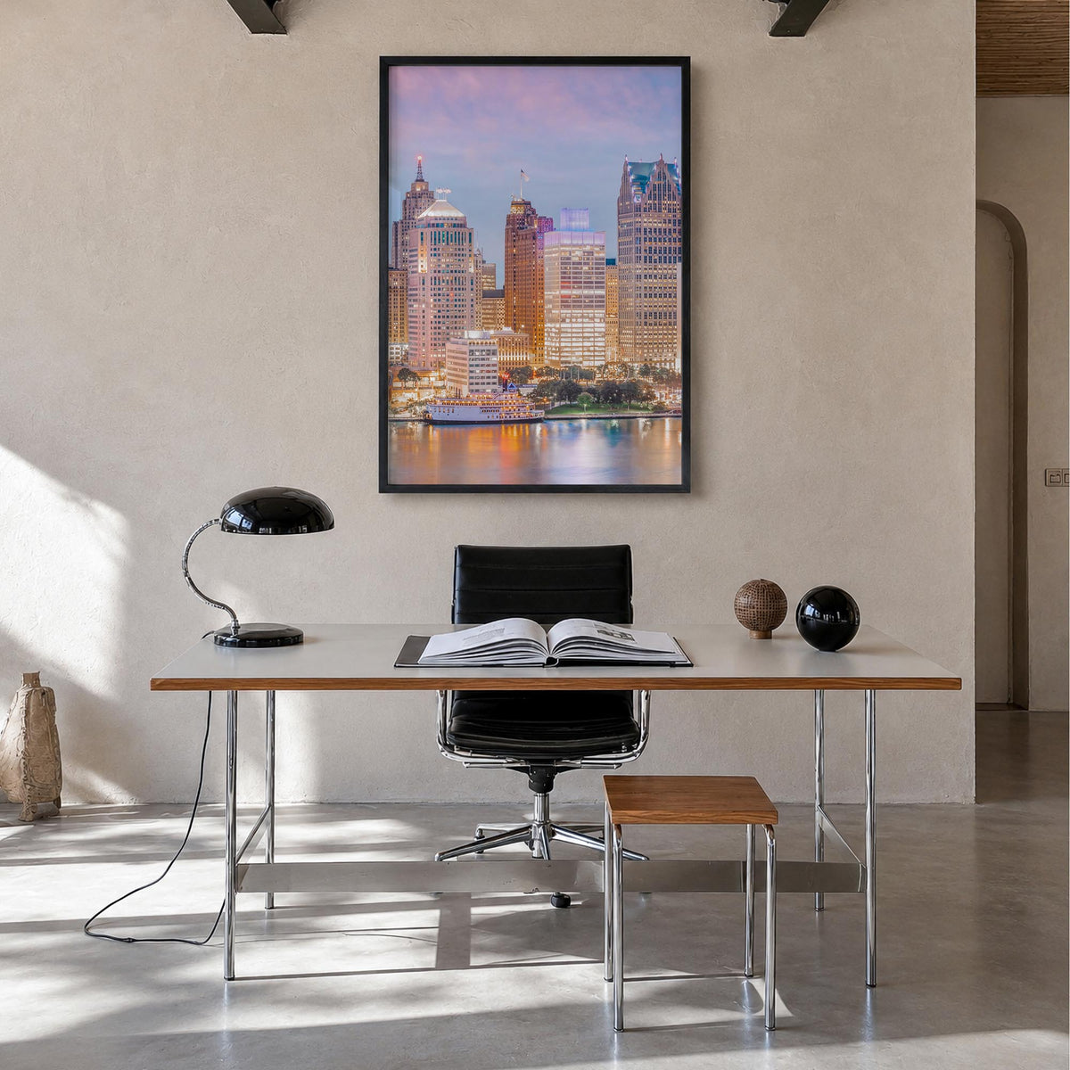 Detroit no. 1 colorful photo poster of Michigan, USA – vertical wall art in black wood frame, hanging on wall