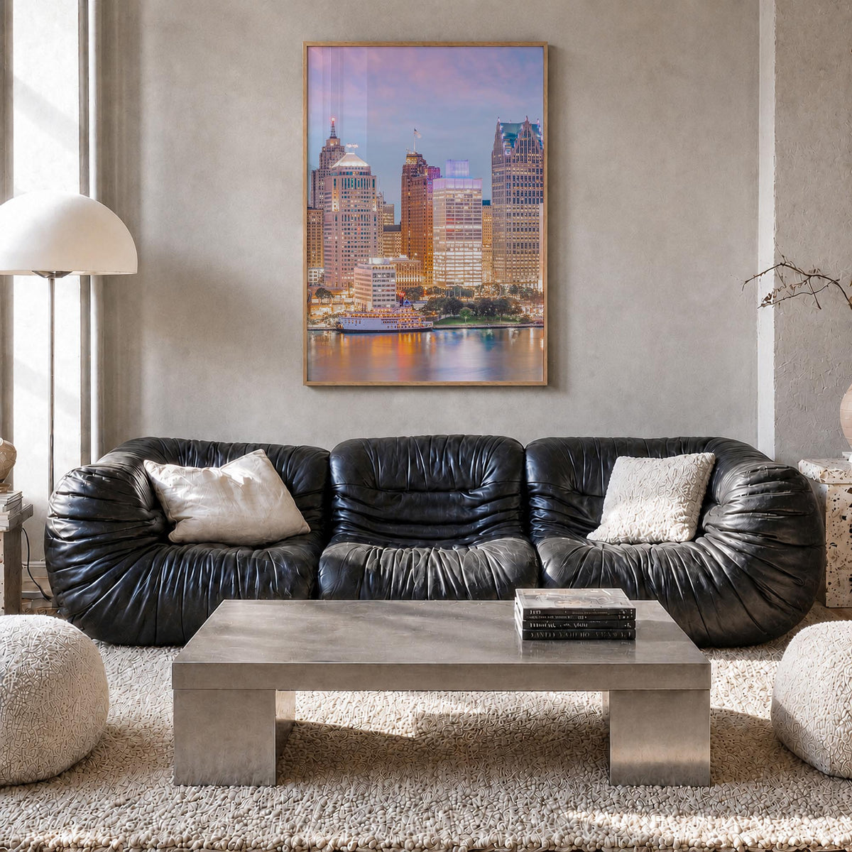 Detroit no. 1 colorful photo poster of Michigan, USA – vertical wall art in natural wood frame, hanging on wall