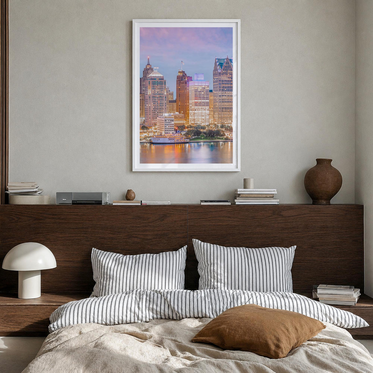 Detroit no. 1 colorful photo poster of Michigan, USA – vertical wall art in white wood frame with white border, hanging on wa