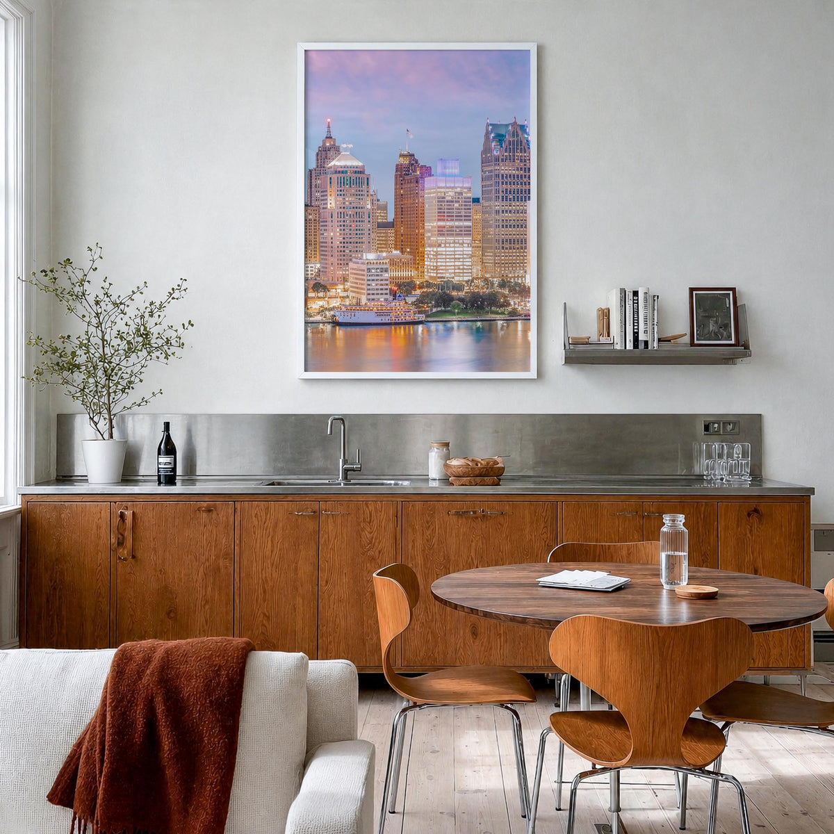 Detroit no. 1 colorful photo poster of Michigan, USA – vertical wall art in white wood frame, hanging on wall