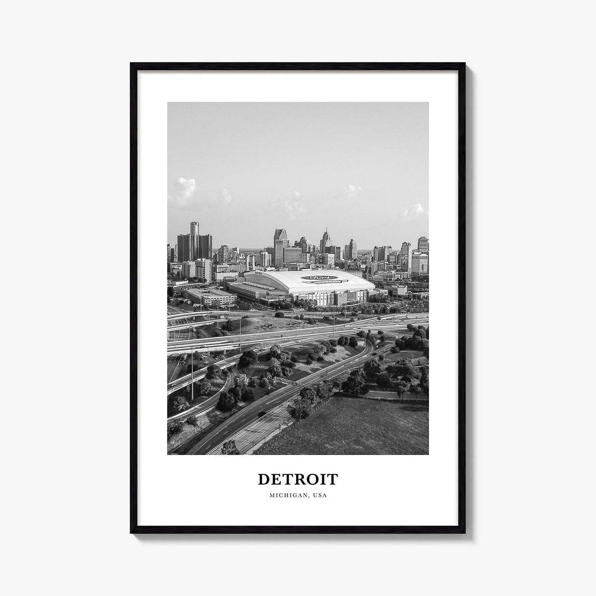 Detroit no. 2 black & white classic poster of Michigan, USA – vertical wall art, unframed print shown in interior mockup