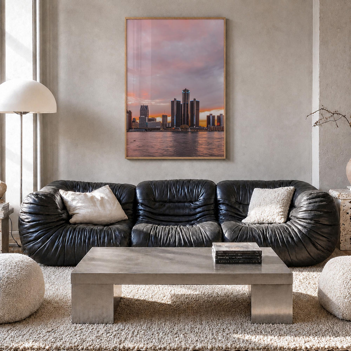 Detroit no. 2 colorful photo poster of Michigan, USA – vertical wall art in natural wood frame, hanging on wall