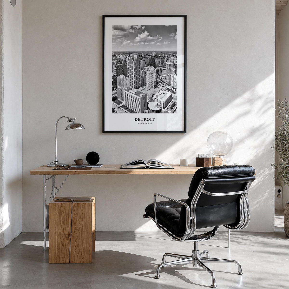 Detroit no. 3 black & white classic poster of Michigan, USA – vertical wall art in black wood frame, hanging on wall