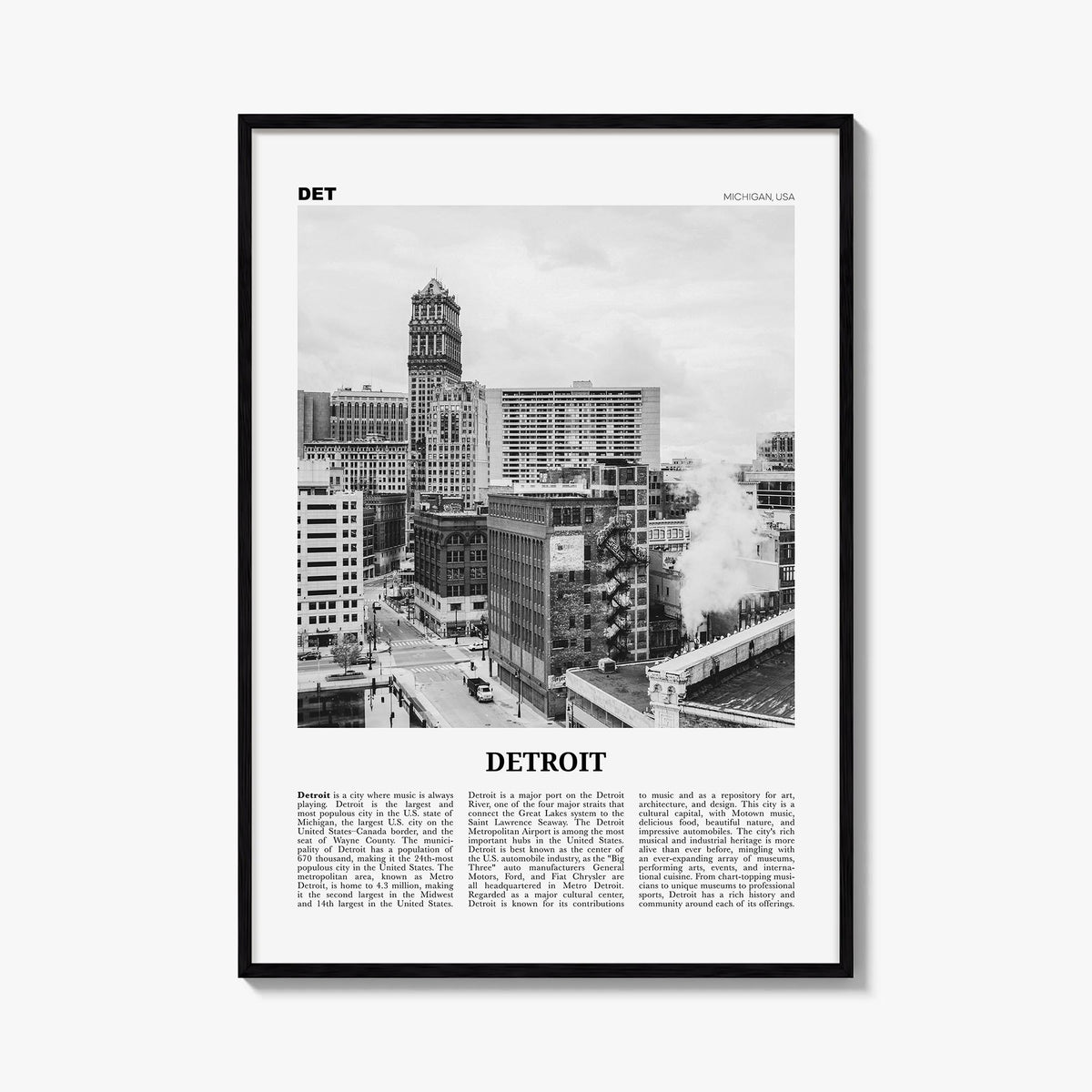 Detroit no. 3 black & white newspaper poster of Michigan, USA – vertical wall art, unframed print shown in interior mockup