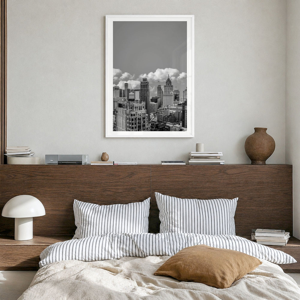 Detroit Photo No 2 Poster in a white wood frame, hanging in a bedroom, white border