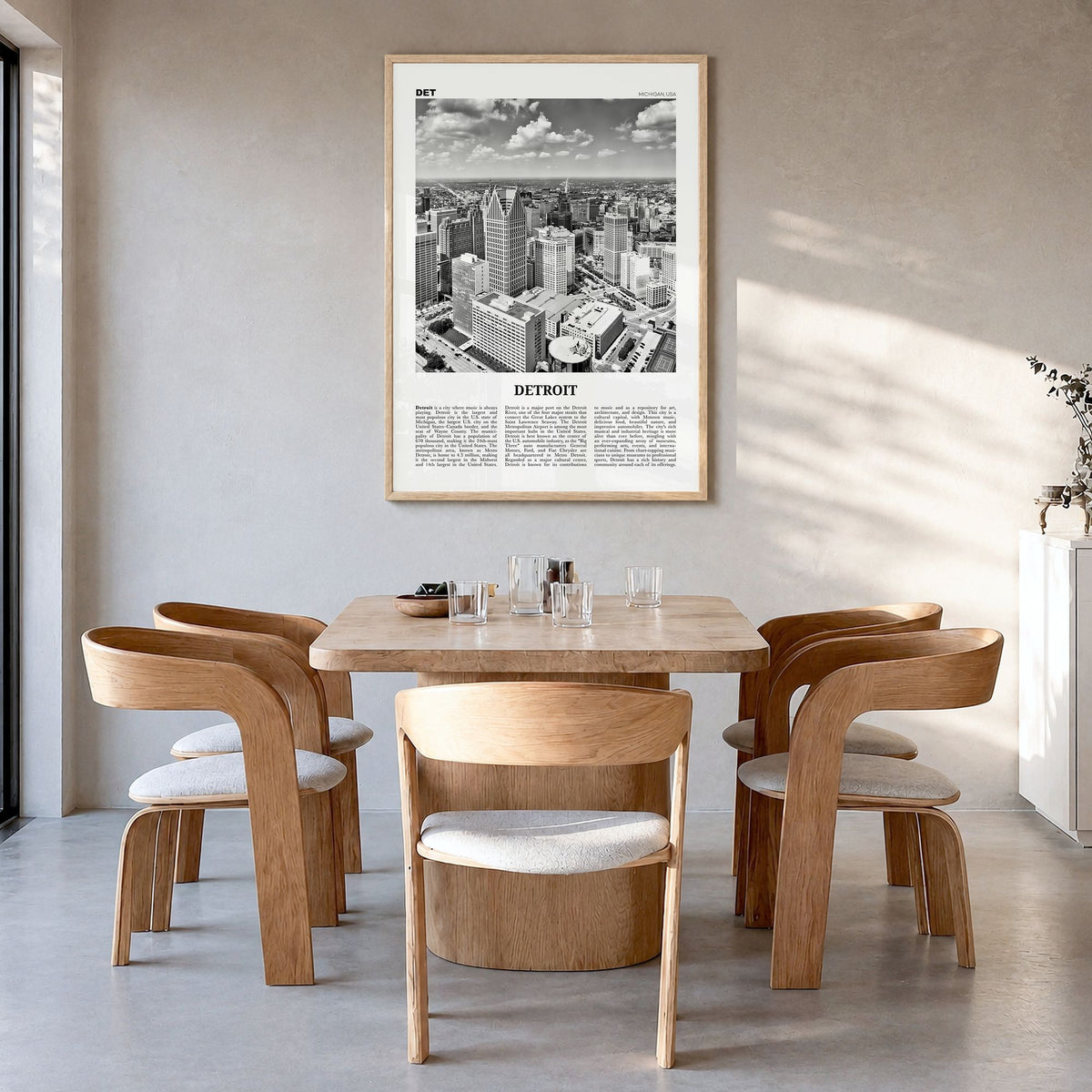 Detroit Newspaper No 1 Poster in a natural wood frame, hanging in a dining room