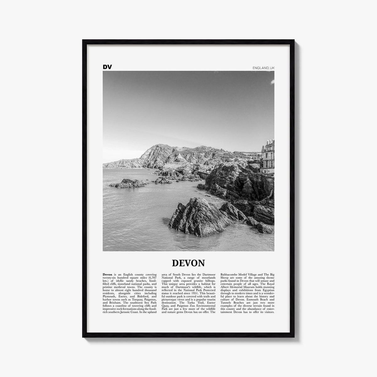 Devon black & white newspaper poster of England, UK – vertical wall art, unframed print shown in interior mockup