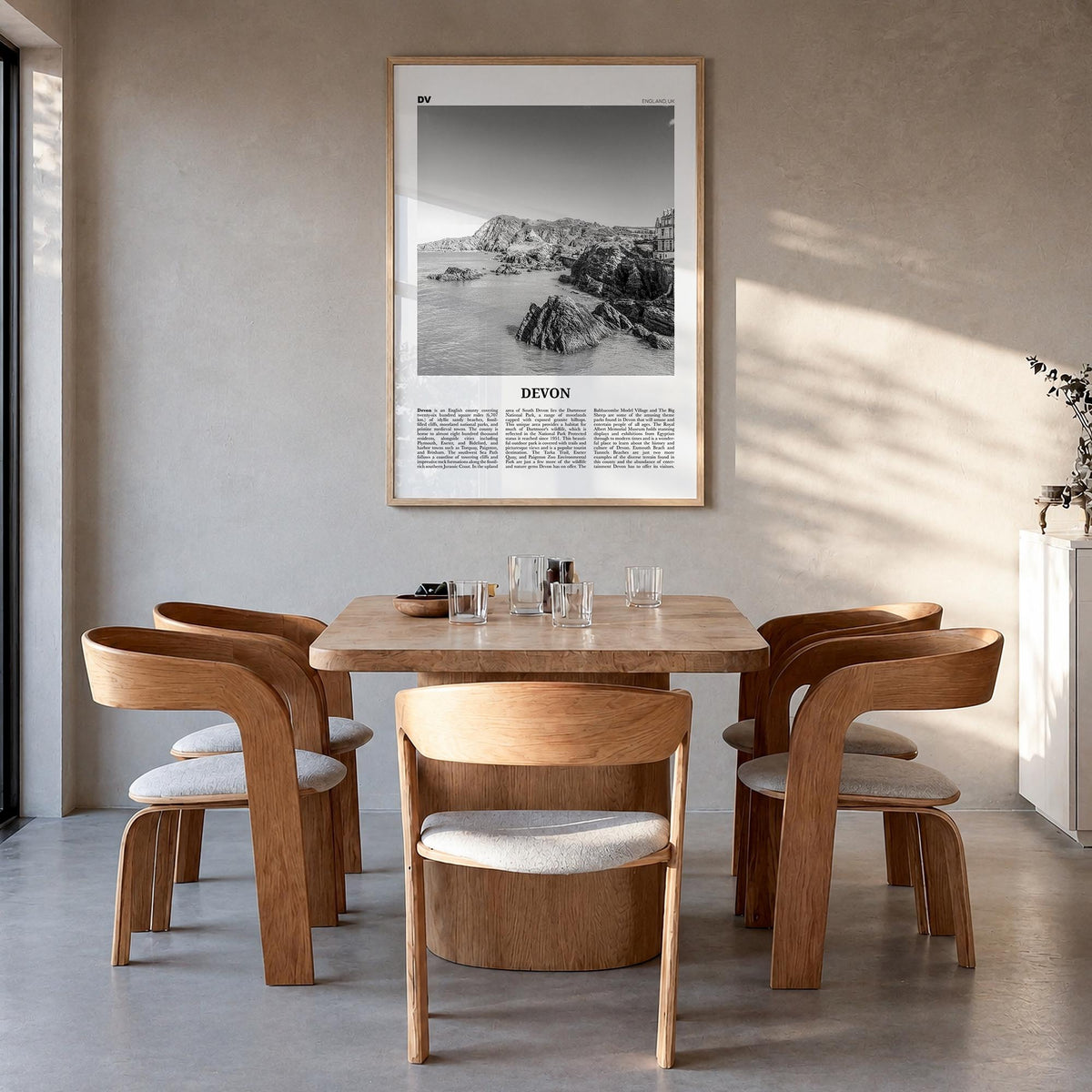 Devon black & white newspaper poster of England, UK – vertical wall art in natural wood frame, hanging on wall