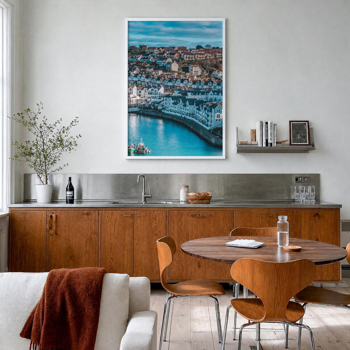 Devon colorful photo poster of England, UK – vertical wall art in white wood frame, hanging on wall