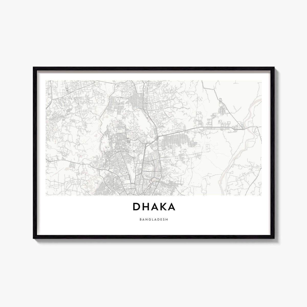 Dhaka black & white map poster of Bangladesh – horizontal wall art, unframed print shown in interior mockup