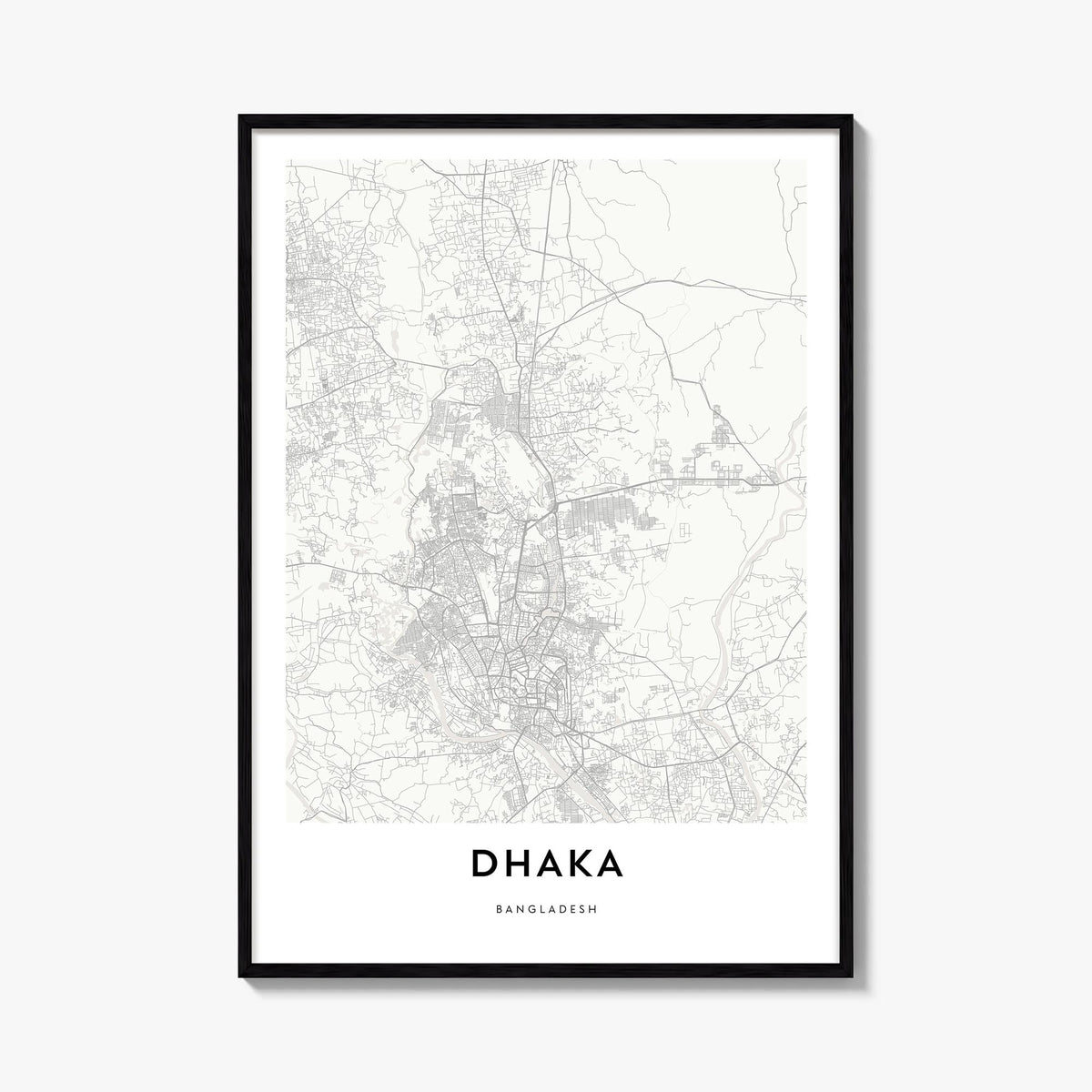 Dhaka black & white map poster of Bangladesh – vertical wall art, unframed print shown in interior mockup