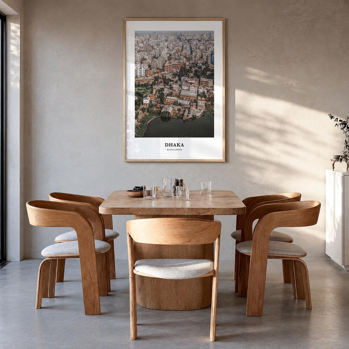 Dhaka colorful classic poster of Bangladesh – vertical wall art in natural wood frame, hanging on wall