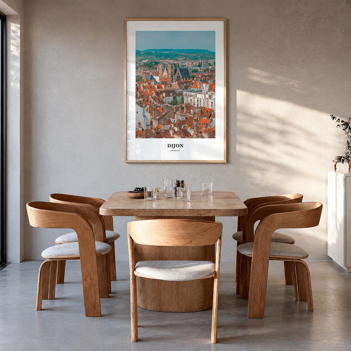 Dijon colorful classic poster of France – vertical wall art in natural wood frame, hanging on wall