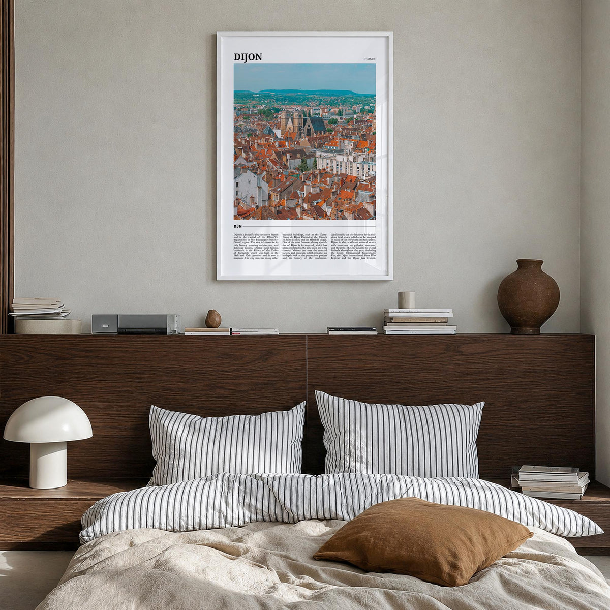 Dijon colorful travel poster of France – vertical wall art in white wood frame, hanging on wall