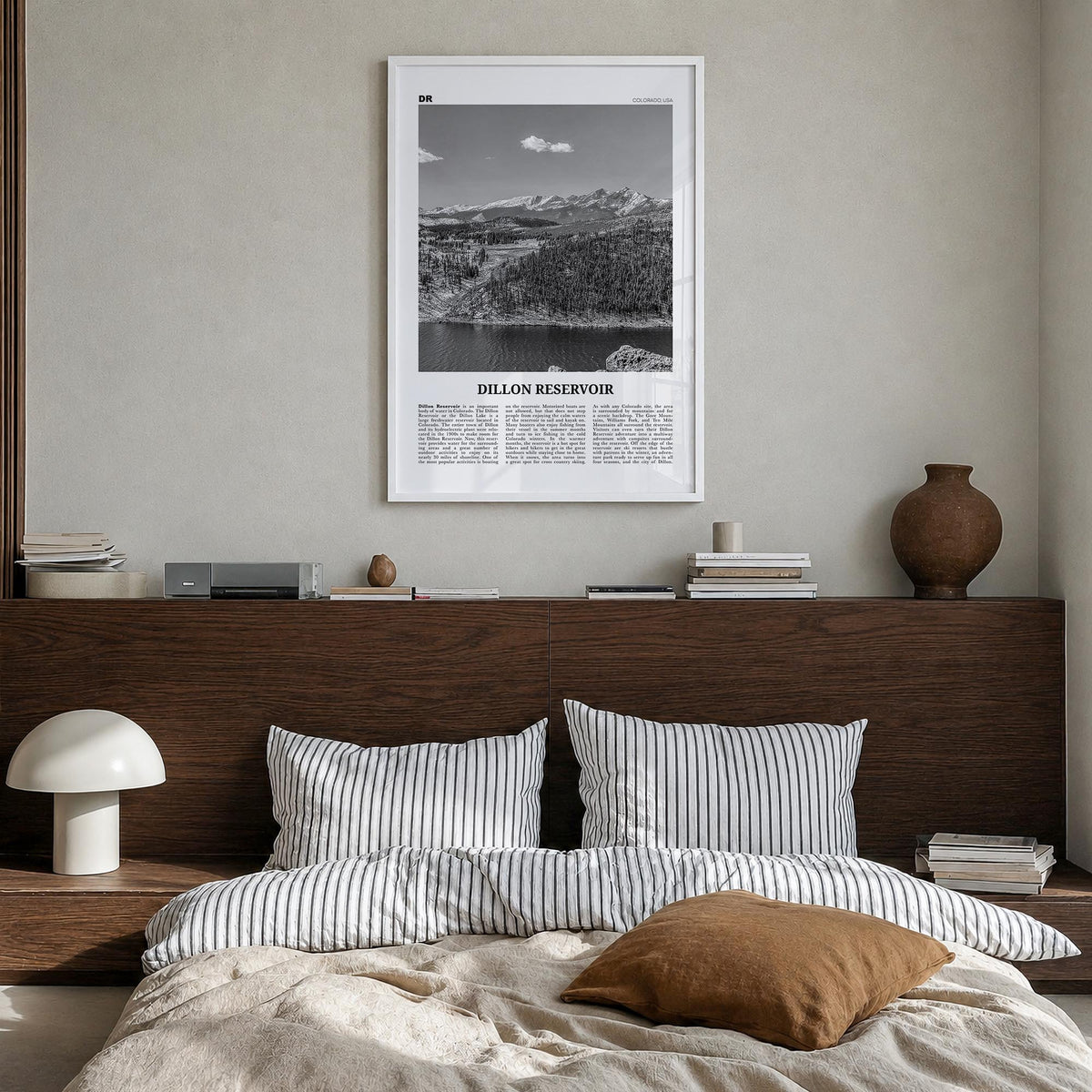 Dillon Reservoir black & white newspaper poster of Colorado, USA – vertical wall art in white wood frame, hanging on wall