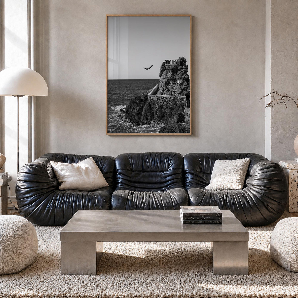 Diving black & white photo poster – vertical wall art in natural wood frame, hanging on wall