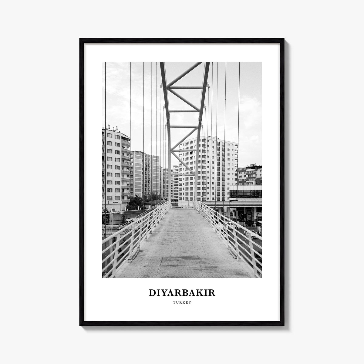 Diyarbakır black & white classic poster of Türkiye – vertical wall art, unframed print shown in interior mockup