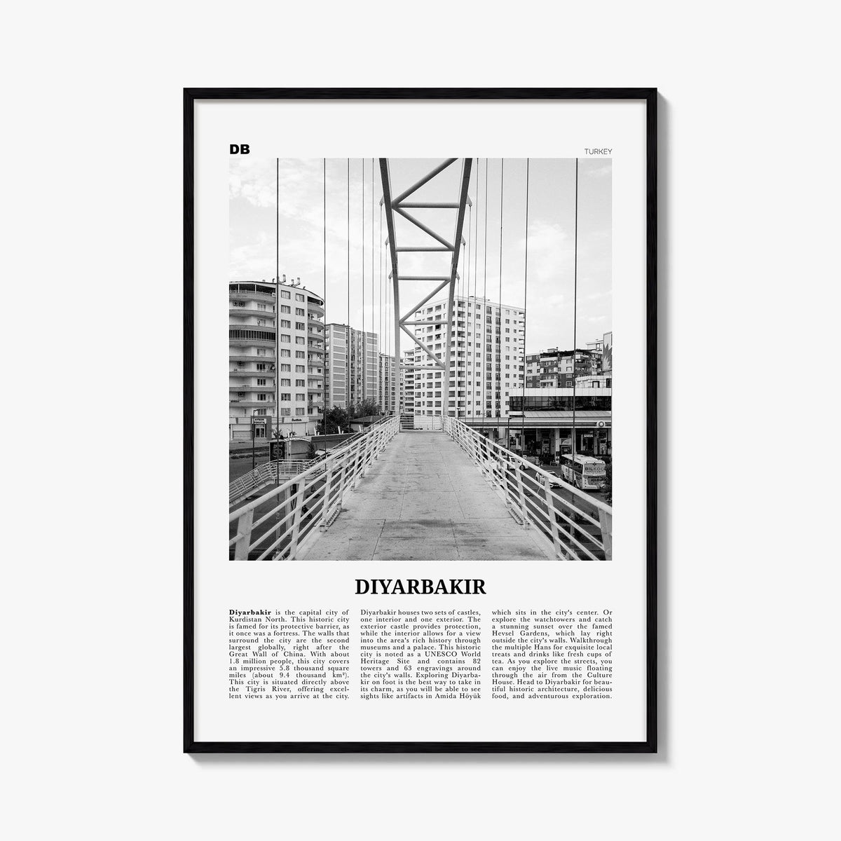 Diyarbakır black & white newspaper poster of Türkiye – vertical wall art, unframed print shown in interior mockup
