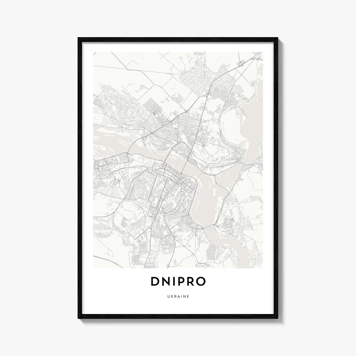 Dnipro black & white map poster of Ukraine – vertical wall art, unframed print shown in interior mockup