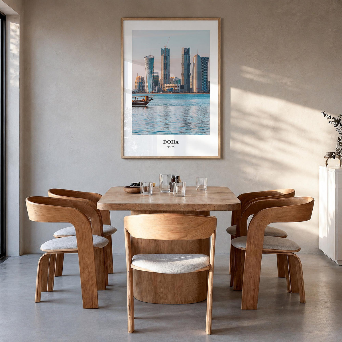 Doha colorful classic poster of Qatar – vertical wall art in natural wood frame, hanging on wall